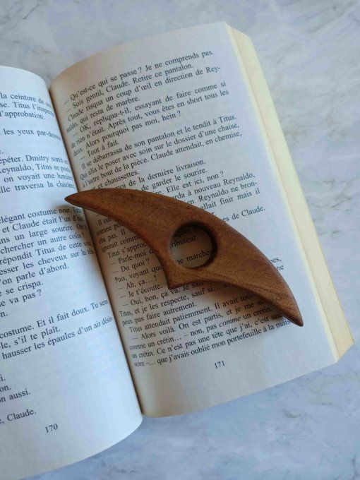bague de lecture en bois de noyer dans un livre ouvert